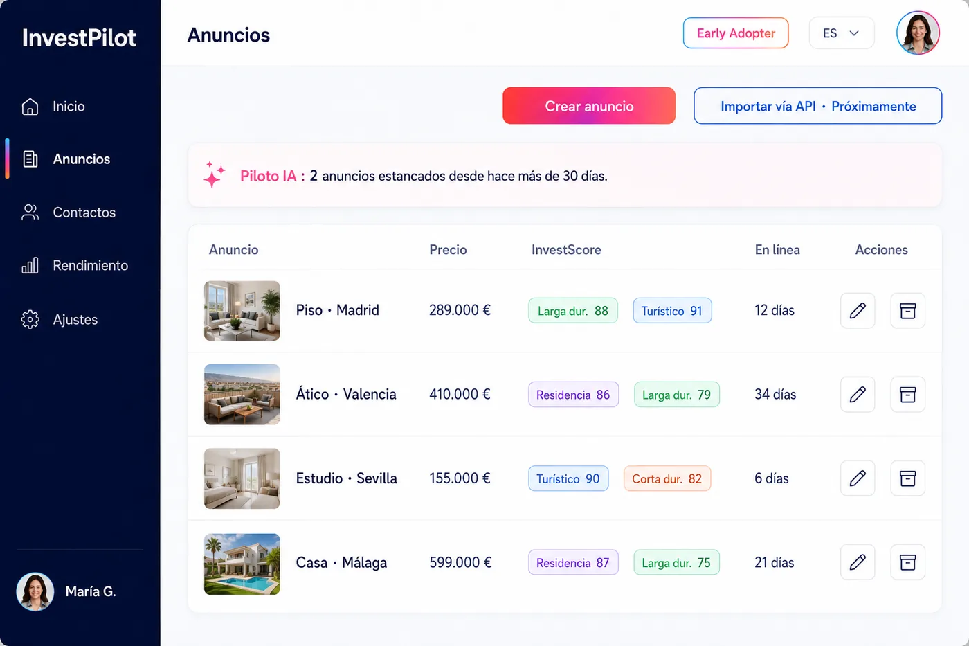 Tableau de bord InvestPilot Pro — Annonces